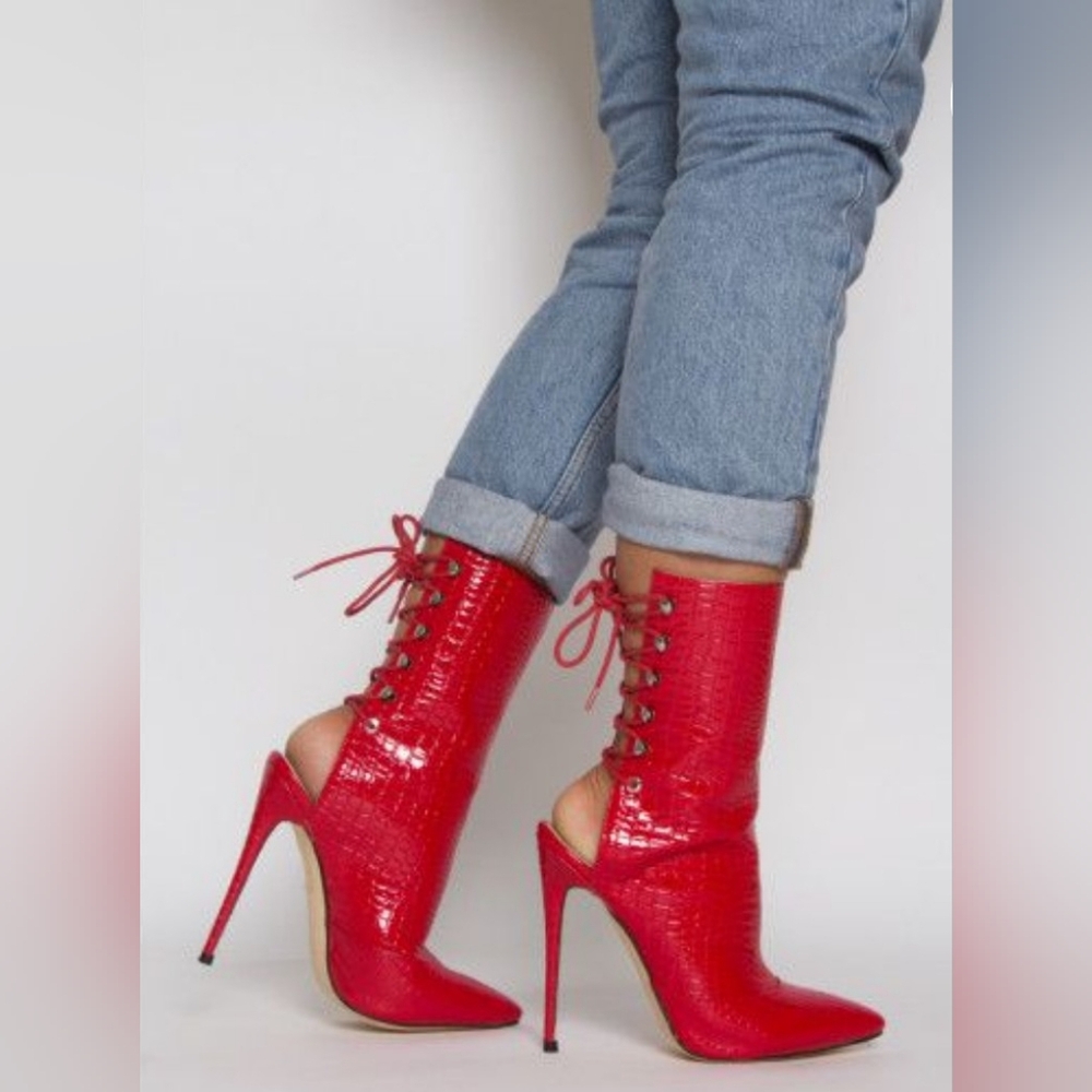 Selene Red Patent Croc Leather Up Pointed Toe Ankle Boots.